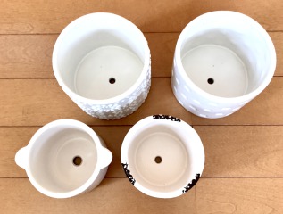 〈ダイソーの鉢3〉モダンレリーフ植木鉢(鉢底穴がひとつの陶器鉢)